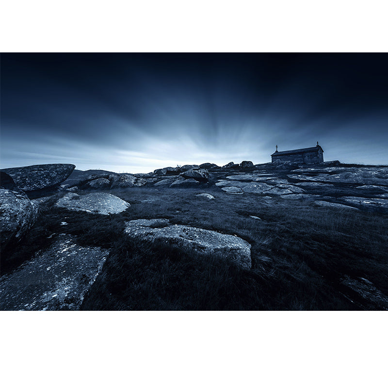 Black Nordic Mural Whole Stone House in Wilds When Sunrise Wall Art for Living Room Clearhalo 'Wall Decor' 'Wall Mural' 1501787