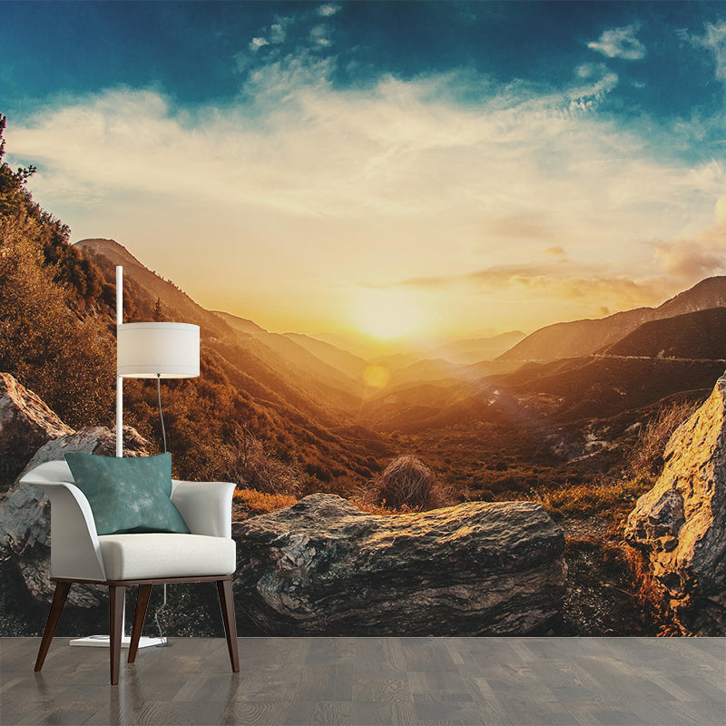 Mountain Sunrise Scenery Mural Contemporary Moisture Resistant Bedroom Wall Covering, Optional Size Brown Clearhalo 'Wall Decor' 'Wall Mural' 1501789