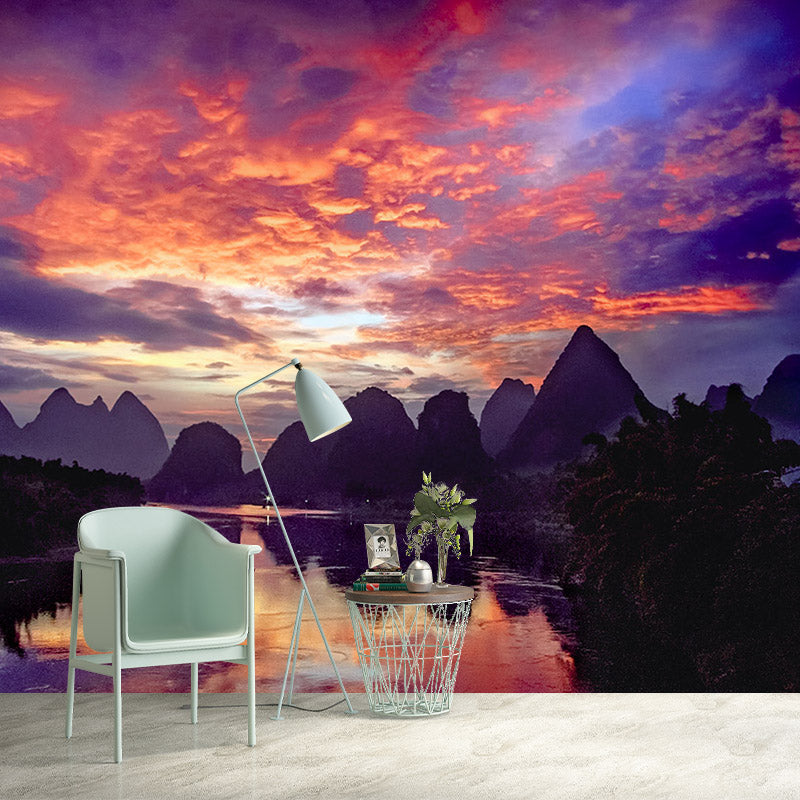 Whole Guilin Scenery Wall Mural Modern Picturesque Evening Glow Wall Art in Orange-Purple Orange Clearhalo 'Wall Decor' 'Wall Mural' 1501884