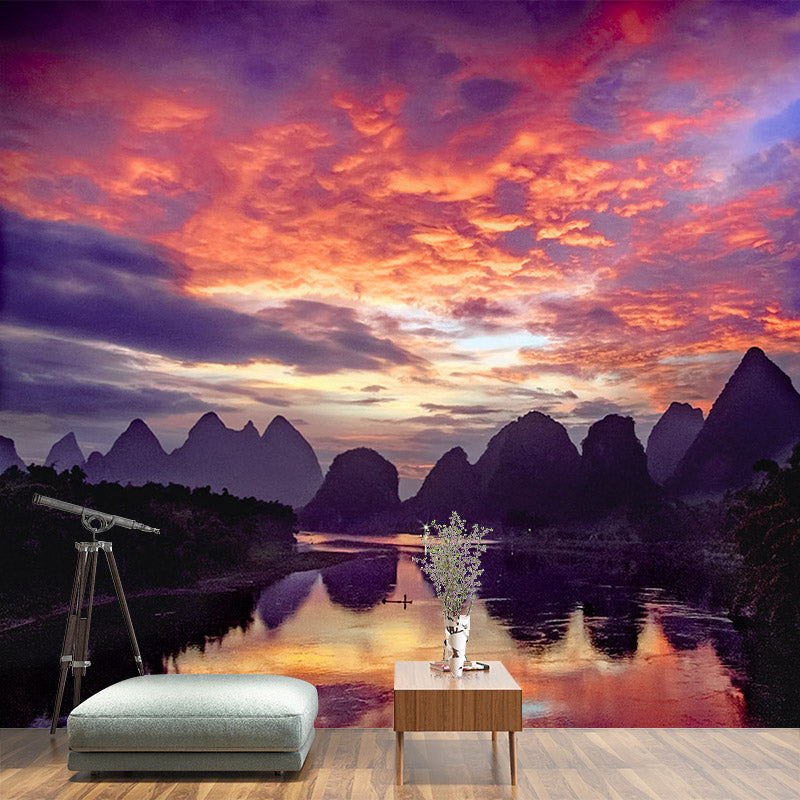 Whole Guilin Scenery Wall Mural Modern Picturesque Evening Glow Wall Art in Orange-Purple Clearhalo 'Wall Decor' 'Wall Mural' 1501885