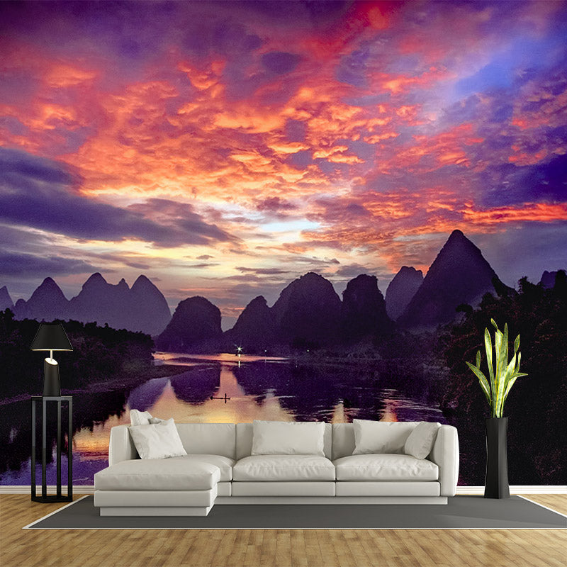 Whole Guilin Scenery Wall Mural Modern Picturesque Evening Glow Wall Art in Orange-Purple Clearhalo 'Wall Decor' 'Wall Mural' 1501886
