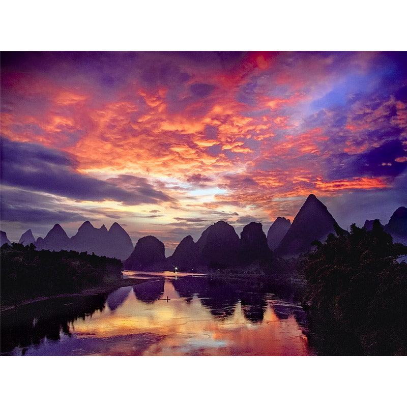 Whole Guilin Scenery Wall Mural Modern Picturesque Evening Glow Wall Art in Orange-Purple Clearhalo 'Wall Decor' 'Wall Mural' 1501887