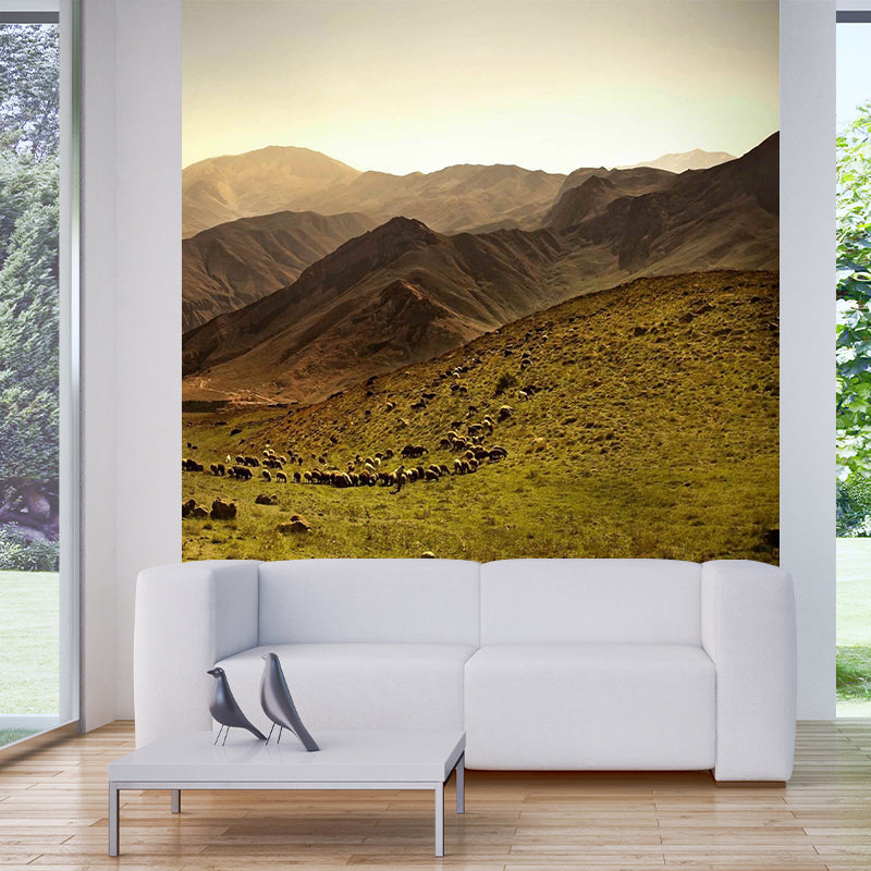 Non-Woven Stain Resistant Mural Modern Herd of Sheep in the Mountains Wall Art in Brown Clearhalo 'Wall Decor' 'Wall Mural' 1501916