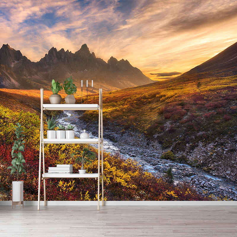 Modern Sunset Mountain Landscape Mural Brown Autumn Meadows and Drying River Wall Art Brown Clearhalo 'Wall Decor' 'Wall Mural' 1501934