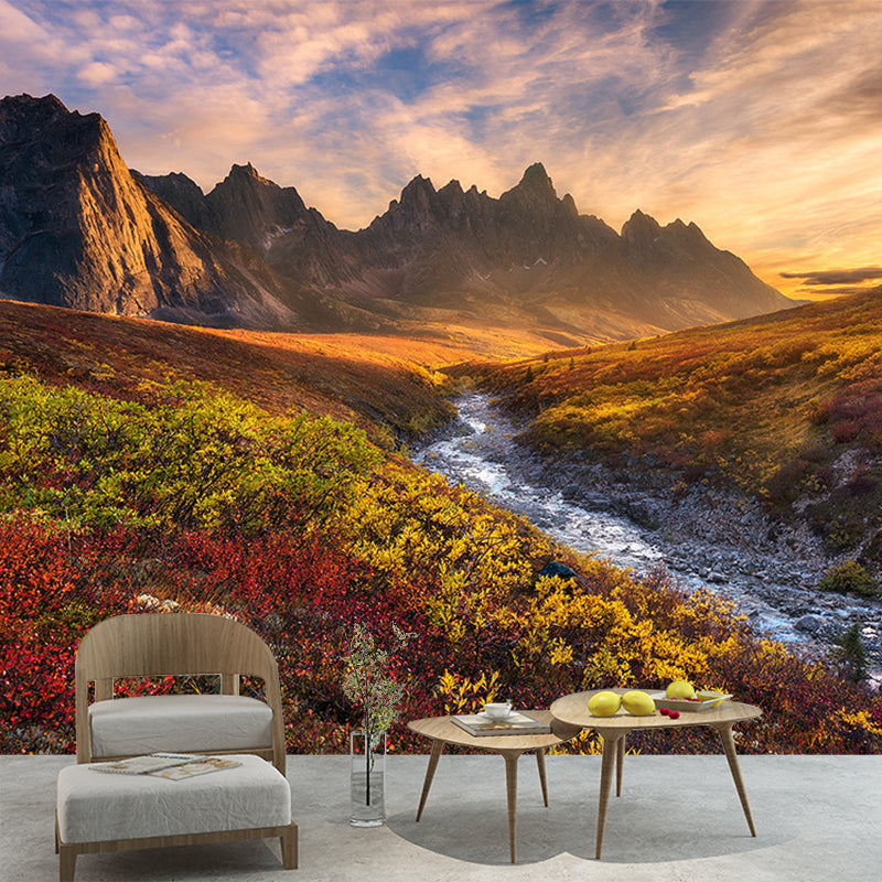 Modern Sunset Mountain Landscape Mural Brown Autumn Meadows and Drying River Wall Art Clearhalo 'Wall Decor' 'Wall Mural' 1501935