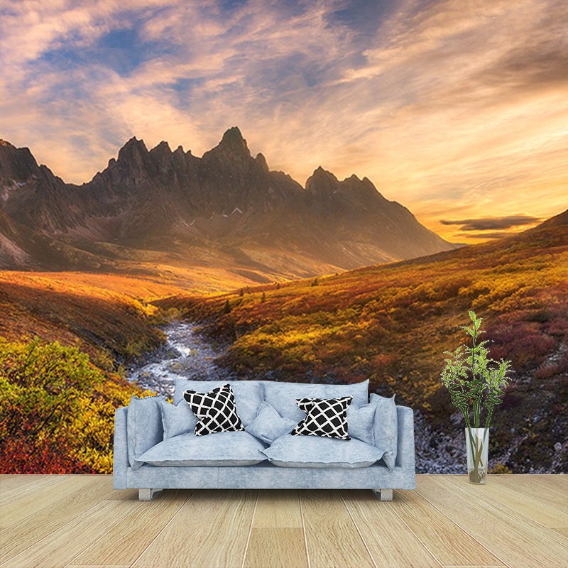 Modern Sunset Mountain Landscape Mural Brown Autumn Meadows and Drying River Wall Art Clearhalo 'Wall Decor' 'Wall Mural' 1501936