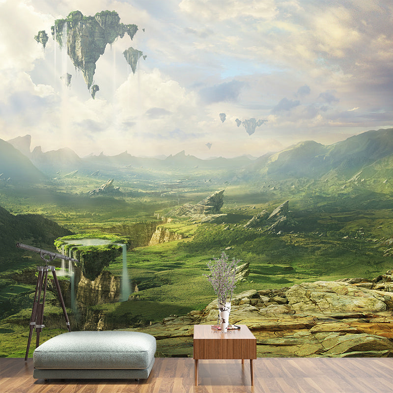 Magical Floating Mountains Wall Mural Decal for Living Room, Green, Made to Measure Clearhalo 'Wall Decor' 'Wall Mural' 1501941