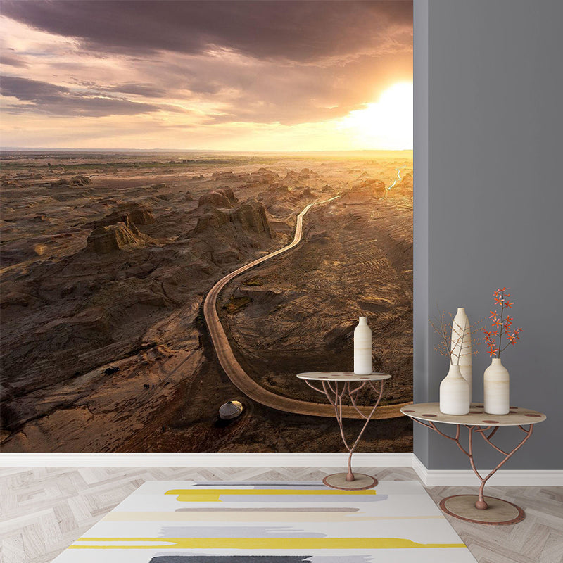 Contemporary Wilds Curved Road Mural Brown Sunset Landscape Wall Decor for Bedroom Clearhalo 'Wall Decor' 'Wall Mural' 1501965