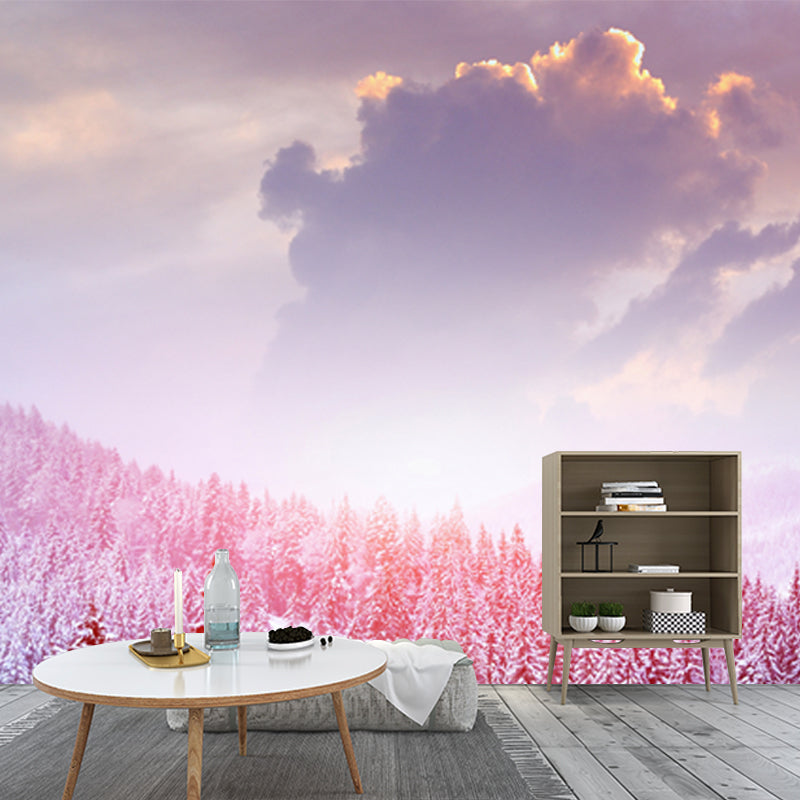 Pink Winter Cypress Mountain Mural Decal Stain Resistant Wall Covering for Accent Wall Clearhalo 'Wall Decor' 'Wall Mural' 1501986