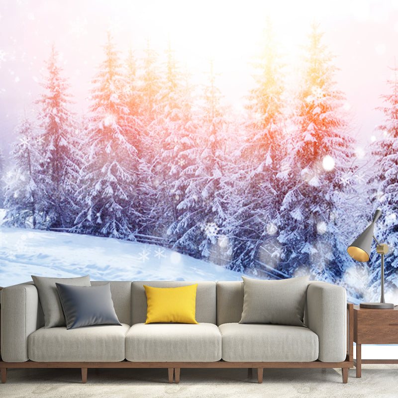 Modernist Sunlight Snowy Cypress Mural for Living Room Custom Wall Decor in Pink Pink Clearhalo 'Wall Decor' 'Wall Mural' 1501989