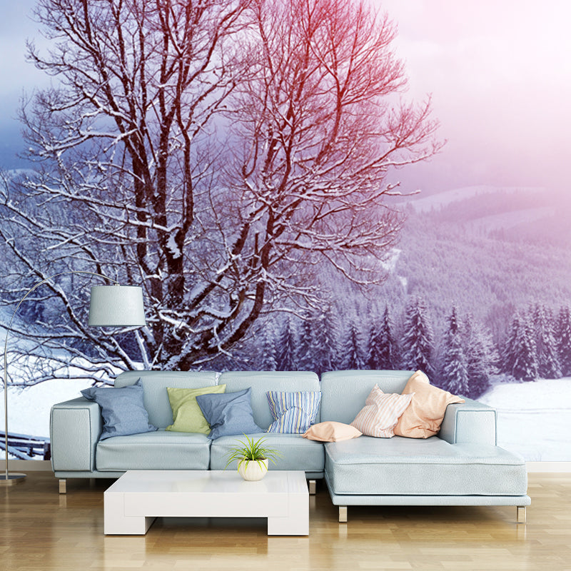 Pink Mountainside Trees Wallpaper Mural Snow Landscape Modern Stain-Proof Wall Art Pink Clearhalo 'Wall Decor' 'Wall Mural' 1501994