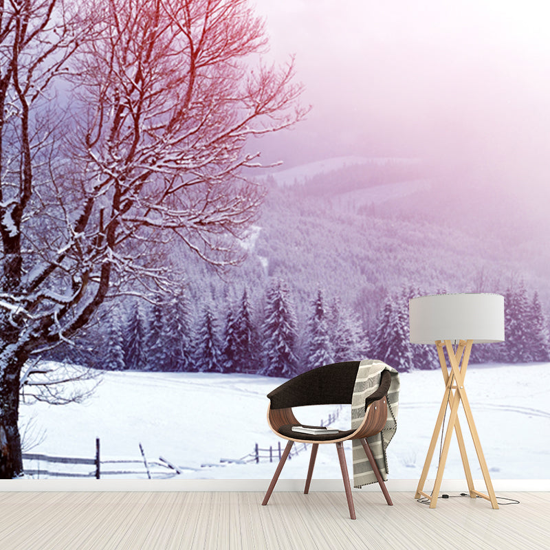 Pink Mountainside Trees Wallpaper Mural Snow Landscape Modern Stain-Proof Wall Art Clearhalo 'Wall Decor' 'Wall Mural' 1501996