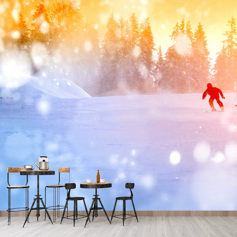 Lovely Kids Snow Skiing Mural Wallpaper for Bedroom, Yellow-Blue, Made to Measure Clearhalo 'Wall Decor' 'Wall Mural' 1502005