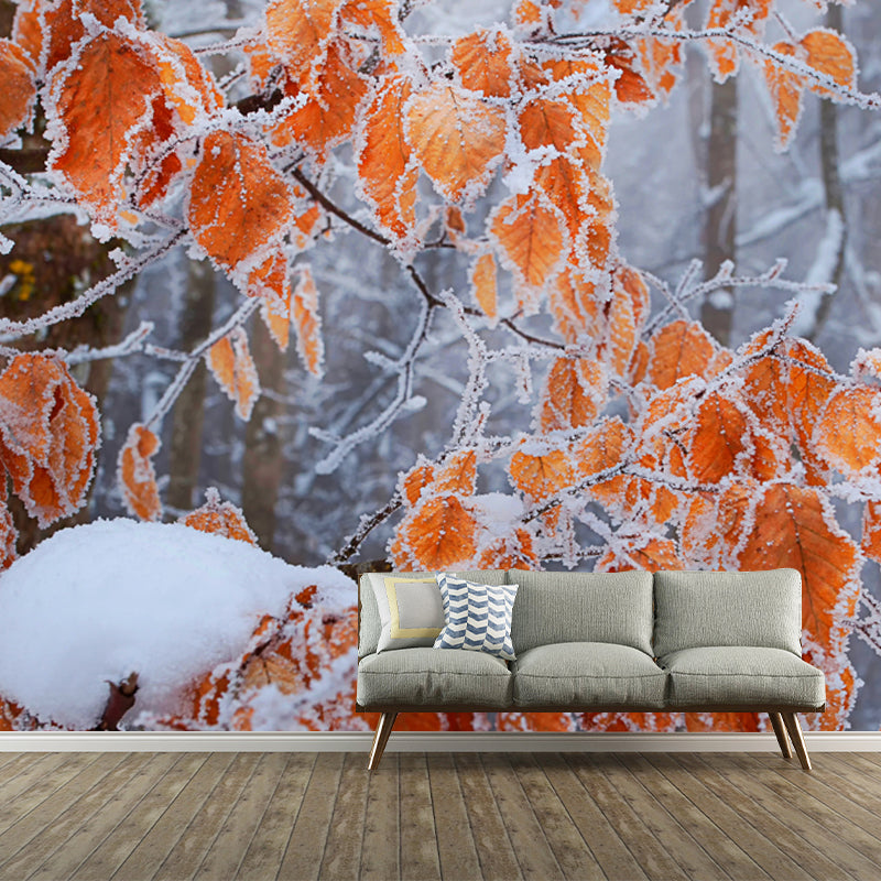 Orange Leaf Snow Scenery Mural Moisture Resistant Modern Bedroom Wall Decoration Orange Clearhalo 'Wall Decor' 'Wall Mural' 1502009