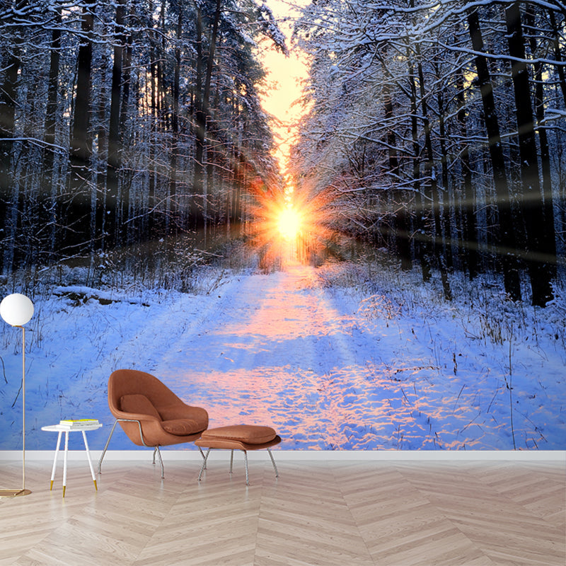 Sunset Snowy Forest Path Mural Modernist Non-Woven Wall Art in Grey for Living Room Grey Clearhalo 'Wall Decor' 'Wall Mural' 1502014