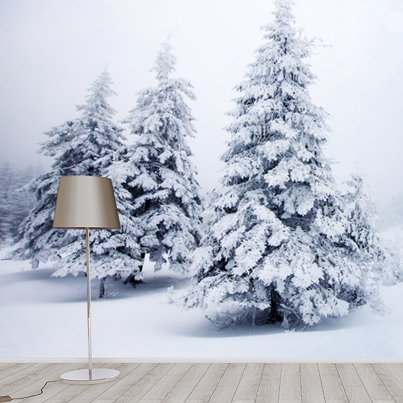 Whole Foggy Winter Landscape Mural Modern Stunning Snowy Cypress Wall Decor in White Clearhalo 'Wall Decor' 'Wall Mural' 1502040