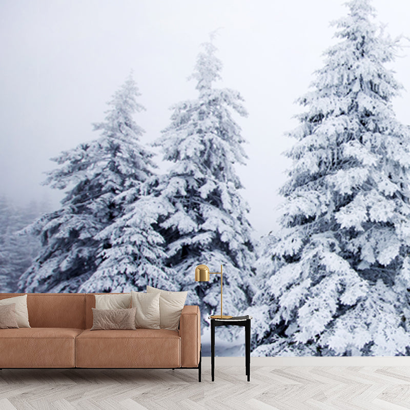 Whole Foggy Winter Landscape Mural Modern Stunning Snowy Cypress Wall Decor in White Clearhalo 'Wall Decor' 'Wall Mural' 1502041