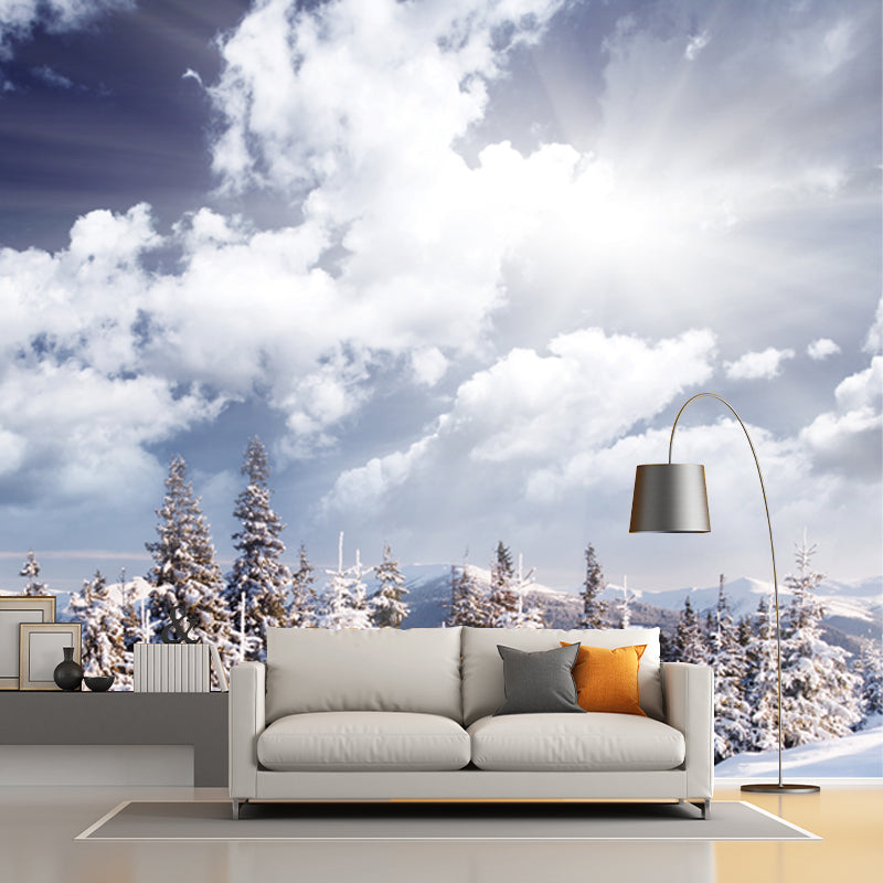 White Nordic Wallpaper Mural Huge Snowy Road with Cypress Wall Decor for Living Room Clearhalo 'Wall Decor' 'Wall Mural' 1502075