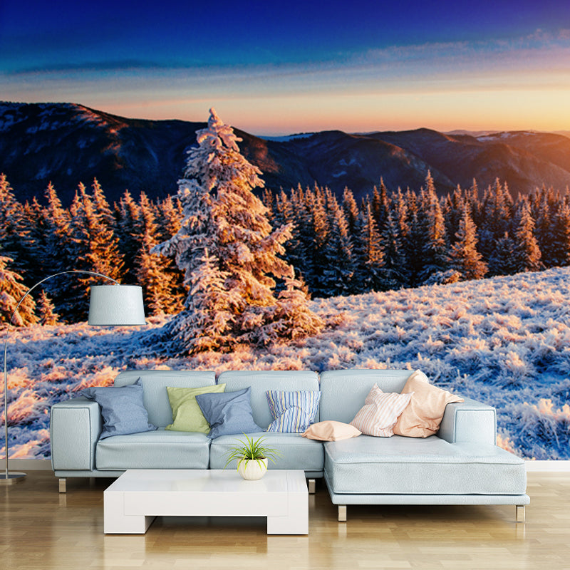 Orange Sunset View Mural Aerial View of Winter Forest Modern Washable Wall Decor Clearhalo 'Wall Decor' 'Wall Mural' 1502260