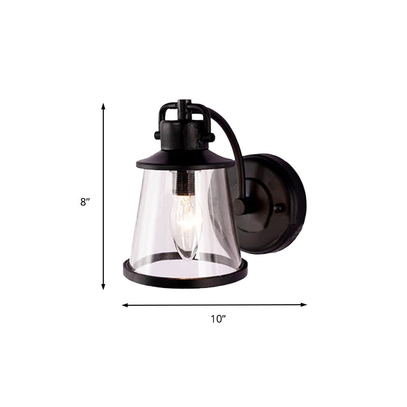 Clear Glass Black Sconce Light Cone 1-Light Vintage Wall Lamp Fixture with Curved Arm Clearhalo 'Art deco wall lights' 'Cast Iron' 'Glass' 'Industrial wall lights' 'Industrial' 'Middle century wall lights' 'Modern' 'Rustic wall lights' 'Tiffany' 'Traditional wall lights' 'Wall Lamps & Sconces' 'Wall Lights' Lighting' 150235