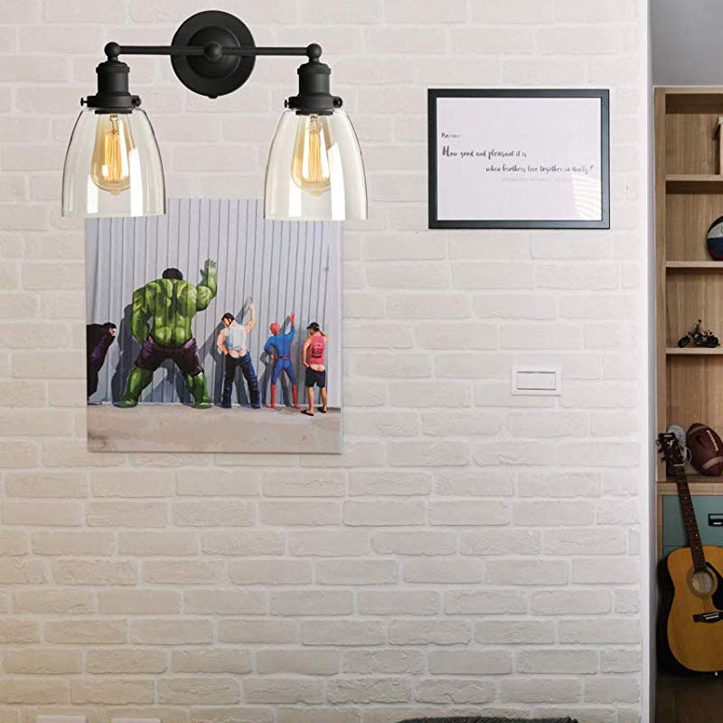 2-Light Tapered Sconce Light Industrial Black Clear Glass Wall Lamp with Plug-in Cord for Kitchen Clear Clearhalo 'Art deco wall lights' 'Cast Iron' 'Glass' 'Industrial wall lights' 'Industrial' 'Middle century wall lights' 'Modern' 'Rustic wall lights' 'Tiffany' 'Traditional wall lights' 'Wall Lamps & Sconces' 'Wall Lights' Lighting' 150242