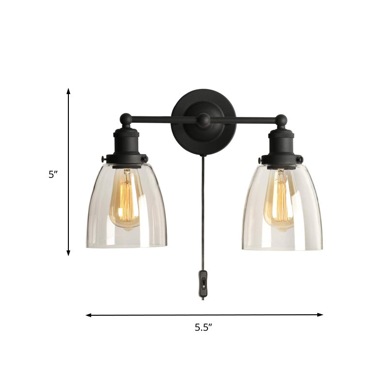 2-Light Tapered Sconce Light Industrial Black Clear Glass Wall Lamp with Plug-in Cord for Kitchen Clearhalo 'Art deco wall lights' 'Cast Iron' 'Glass' 'Industrial wall lights' 'Industrial' 'Middle century wall lights' 'Modern' 'Rustic wall lights' 'Tiffany' 'Traditional wall lights' 'Wall Lamps & Sconces' 'Wall Lights' Lighting' 150245