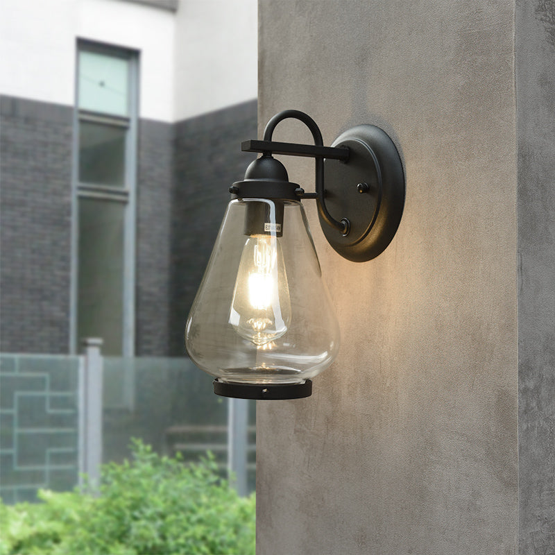 Cone Shade Porch Wall Light Fixture Industrial Clear Glass 1 Light Black Sconce Lamp Clearhalo 'Art deco wall lights' 'Cast Iron' 'Glass' 'Industrial wall lights' 'Industrial' 'Middle century wall lights' 'Modern' 'Rustic wall lights' 'Tiffany' 'Traditional wall lights' 'Wall Lamps & Sconces' 'Wall Lights' Lighting' 150262