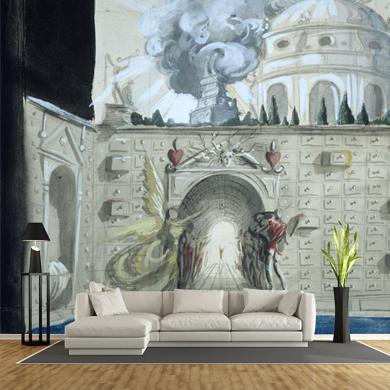 Salvador Dali Artwork Castle Mural Surrealism Non-Woven Fabric Wall Covering in Grey Grey Clearhalo 'Wall Decor' 'Wall Mural' 1502628