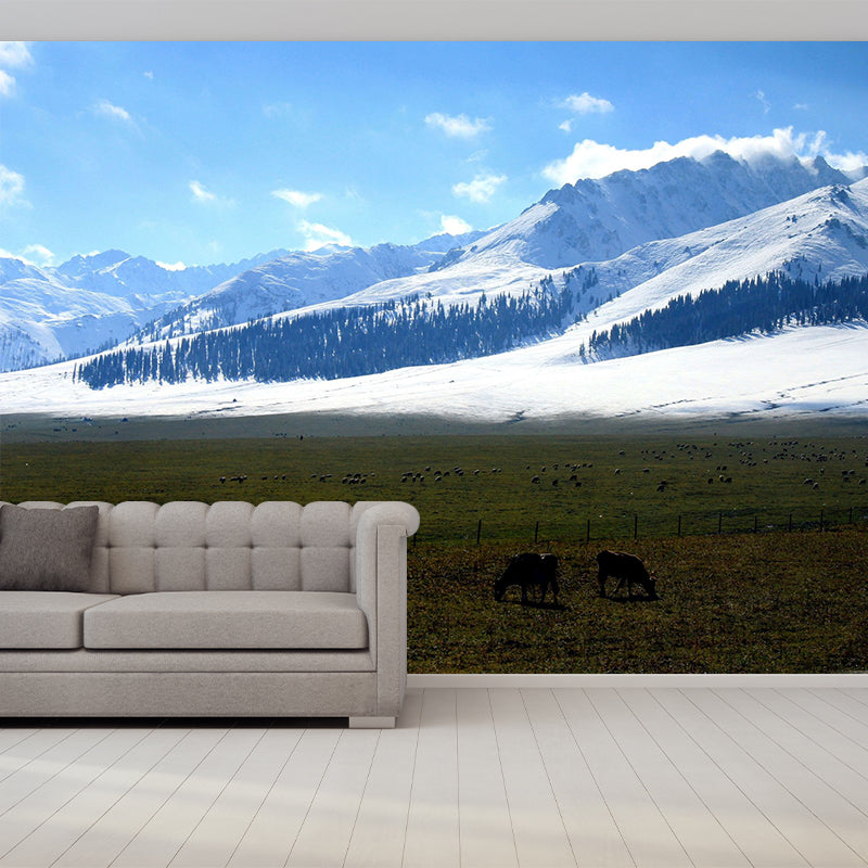 Full Size Modern Mural Blue Animal Farm by the Snow Mountain Wall Decor, Custom Printed Clearhalo 'Wall Decor' 'Wall Mural' 1502665