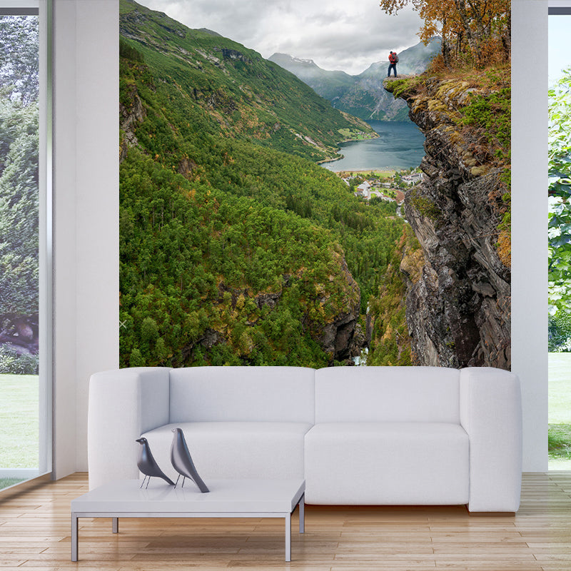 Modern Man on Cliff Mural Green Mountain Landscape Wall Art for Bedroom, Custom Print Clearhalo 'Wall Decor' 'Wall Mural' 1502669