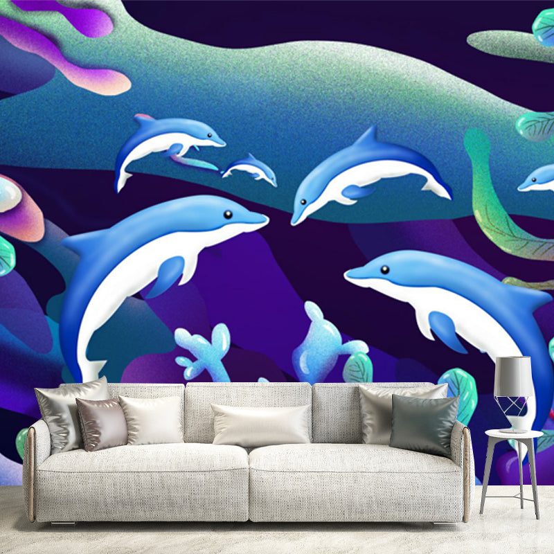 Kids Undersea Dolphin Wallpaper Mural Blue-Green Waterproof Wall Covering for Home Green Clearhalo 'Wall Decor' 'Wall Mural' 1502673