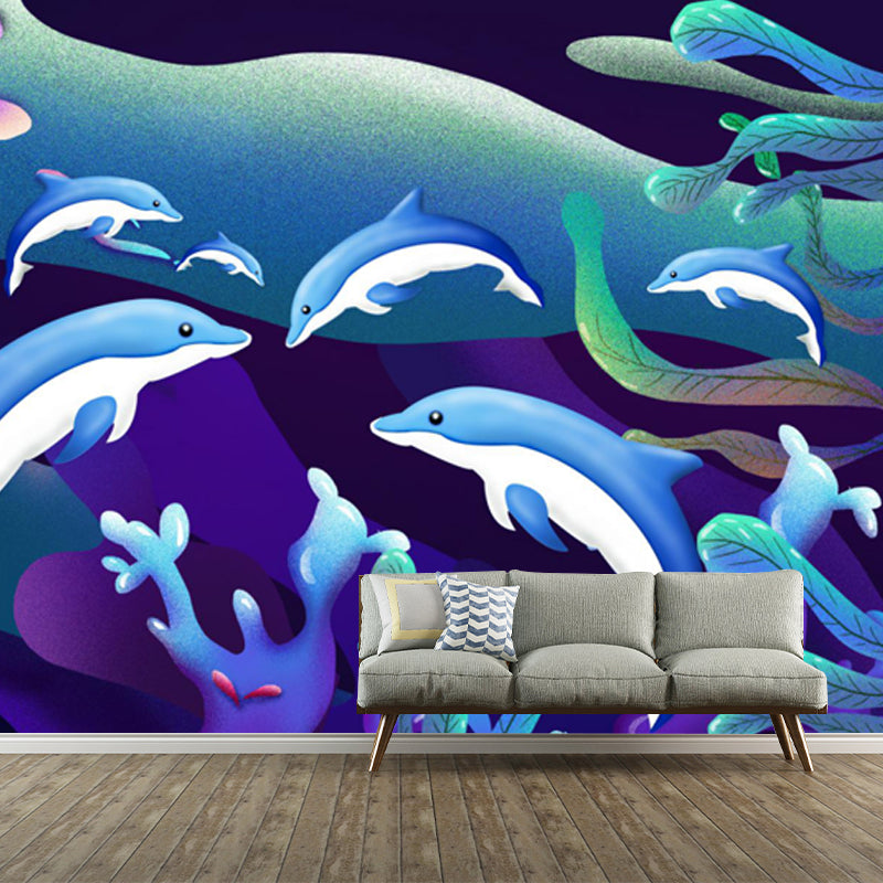 Kids Undersea Dolphin Wallpaper Mural Blue-Green Waterproof Wall Covering for Home Clearhalo 'Wall Decor' 'Wall Mural' 1502675