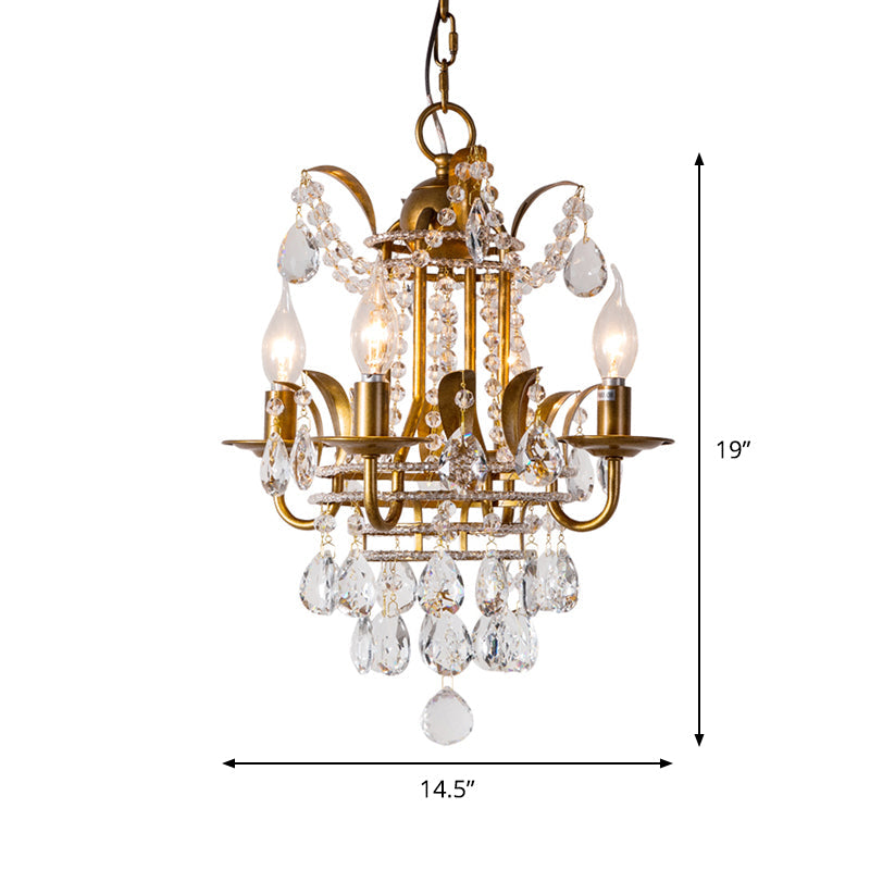 4 Lights Lantern Chandelier Lighting Classic Metal Ceiling Pendant in Gold with Beveled Crystal Droplet Clearhalo 'Ceiling Lights' 'Chandeliers' Lighting' options 1503028