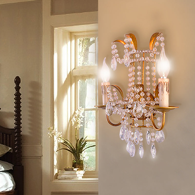 Candle Corridor Wall Lighting Vintage Metallic 2 Heads Gold Wall Mount Lamp with Crystal Accents Gold Clearhalo 'Wall Lamps & Sconces' 'Wall Lights' Lighting' 1503037