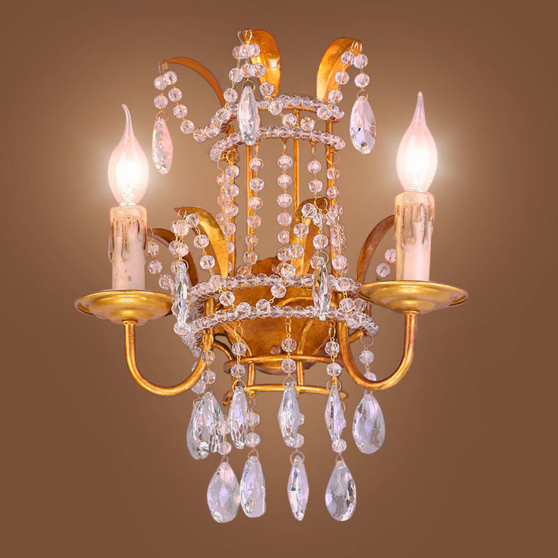 Candle Corridor Wall Lighting Vintage Metallic 2 Heads Gold Wall Mount Lamp with Crystal Accents Clearhalo 'Wall Lamps & Sconces' 'Wall Lights' Lighting' 1503039