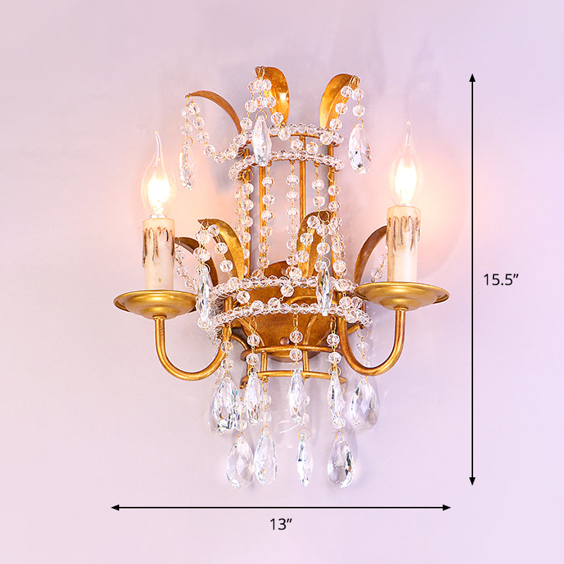 Candle Corridor Wall Lighting Vintage Metallic 2 Heads Gold Wall Mount Lamp with Crystal Accents Clearhalo 'Wall Lamps & Sconces' 'Wall Lights' Lighting' 1503040