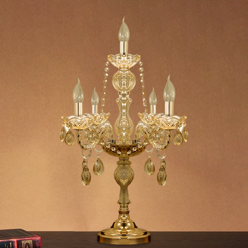 5/6 Heads Candelabra Table Light Traditional Gold Crystal Droplets Nightstand Lamp with/without White Bell Fabric Shade 5.0 Gold Shadeless Clearhalo 'Lamps' 'Table Lamps' Lighting' 1503144