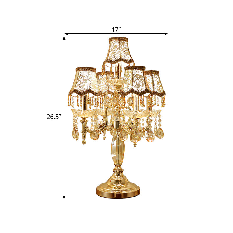 5 Heads Candle Nightstand Lamp Traditional Gold Crystal Draping Table Light with Peony-Patterned Shade Clearhalo 'Lamps' 'Table Lamps' Lighting' 1503181