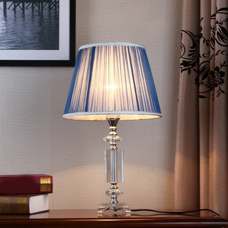1 Bulb Tapered Pleated Shade Table Light Traditional Blue/Cream Gray/Beige Fabric Night Stand Lamp with Clear Crystal Base Blue Clearhalo 'Lamps' 'Table Lamps' Lighting' 1503394