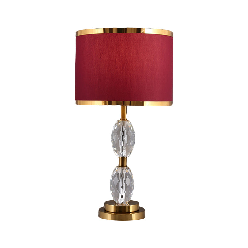 1 Head Crystal Table Light with Drum Shade Fabric Traditional Drawing Room Nightstand Lamp in Red/Beige Clearhalo 'Lamps' 'Table Lamps' Lighting' 1503444
