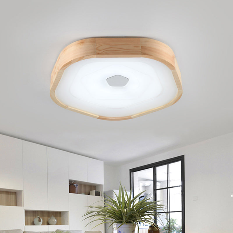 Wood Pentagon Flush Ceiling Light Simple Style Acrylic LED Beige Ceiling Mounted Fixture for Bedroom in Warm/White, 18.5