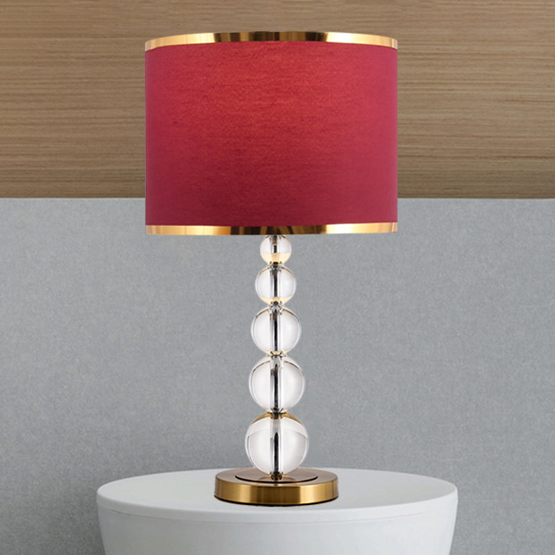 1-Head Drum Shade Nightstand Lamp Traditional Burgundy/Beige Fabric Table Light with Spherical Crystal Post Burgundy Clearhalo 'Lamps' 'Table Lamps' Lighting' 1503515