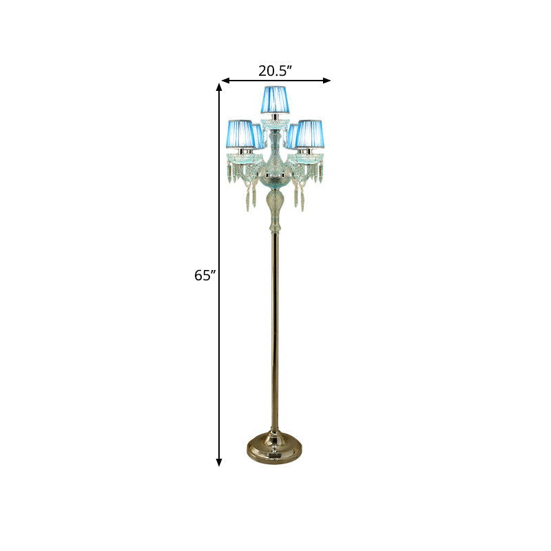 Blue 5/6/7-Bulb Standing Light Traditional Crystal Candelabra Reading Floor Lamp with Barrel Pleated Shade Clearhalo 'Floor Lamps' 'Lamps' Lighting' 1503585