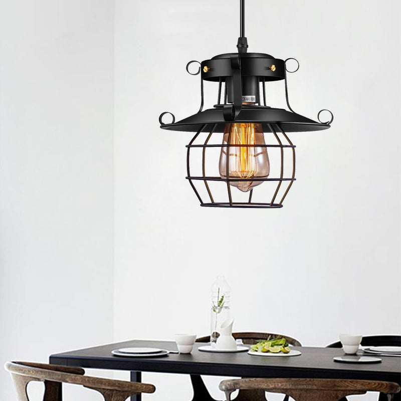 Wire Cage Dinning Room Hanging Light Kit Farmhouse Metal 1 Light Black Pendant Lighting Clearhalo 'Art Deco Pendants' 'Black' 'Cast Iron' 'Ceiling Lights' 'Ceramic' 'Crystal' 'Industrial Pendants' 'Industrial' 'Metal' 'Middle Century Pendants' 'Pendant Lights' 'Pendants' 'Rustic Pendants' 'Tiffany' Lighting' 150379