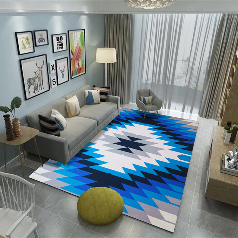 Southwestern Indoor Area Rug Navajo Polyester Diamond Rug in Blue Anti-Slip Backing Power Loom Carpet Blue-White Clearhalo 'Area Rug' 'Rugs' 'Southwestern' Rug' 1503800