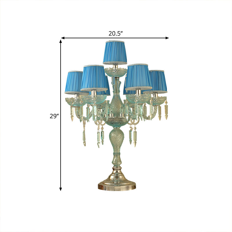 Crystal Blue Nightstand Lamp Candlestick 5/6/7 Bulbs Traditional Sleeping Room Table Light with Barrel Fabric Shade Clearhalo 'Lamps' 'Table Lamps' Lighting' 1504488