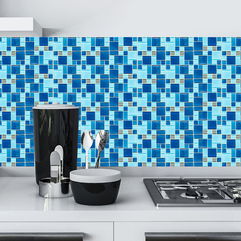 Blue Mosaic Tile Wallpaper Panels Easy Peel off Modern Washroom Wall Covering (10 Pcs) Clearhalo 'Wall Decor' 'Wallpaper' 1504673