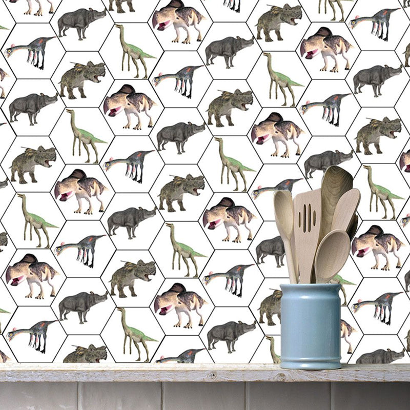 Kids Animal Print Wallpaper Panels Grey-White Dinosaur and Rhino Adhesive Wall Covering Gray-White Clearhalo 'Wall Decor' 'Wallpaper' 1504841