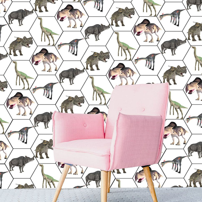 Kids Animal Print Wallpaper Panels Grey-White Dinosaur and Rhino Adhesive Wall Covering Clearhalo 'Wall Decor' 'Wallpaper' 1504842