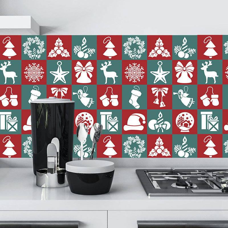 Novelty Christmas Wallpaper Panel Set for Bathroom 4.3-sq ft Wall Decor in Green-Red, Stick On Green-Red Clearhalo 'Wall Decor' 'Wallpaper' 1504851